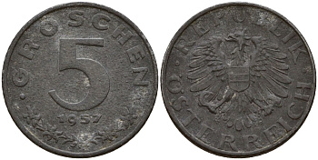 Австрия 5 грошей 1957 KM 2875 цинк 4152-512
