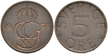 Швеция 5 эре 1978 Карл XVI Густав (1973- ) KM 849 бронза 4564-738