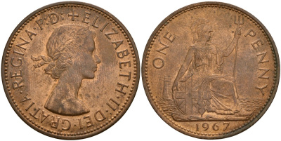 Великобритания 1 пенни 1967 Елизавета II (1952-2022) KM 897, Spink 4157 бронза 189-613
