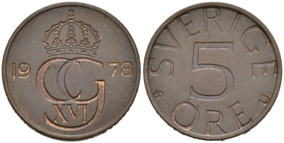Швеция 5 эре 1978 Карл XVI Густав (1973- ) KM 849 бронза 4564-738