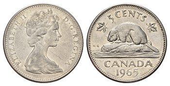 Канада 5 центов 1965 Елизавета II (1952-2022), бобр KM 60.1 никель 4689-346