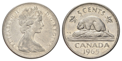 Канада 5 центов 1965 Елизавета II (1952-2022), бобр KM 60.1 никель 4689-346