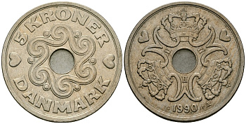 Дания 5 крон 1990 Маргрете II (1973 - 1988) KM 869 медно-никель 111-312