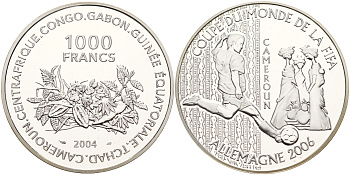 Центрально-Африканские Штаты 1000 франков 2004 чемпионат мира по футболу в Германии FIFA Камерун, 2006 KM 23 серебро PROOF 11-244-45