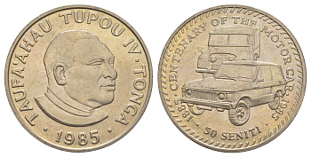 Тонга 50 сенити 1985 100 лет автоиндустрии, Range Rover и Land Rover KM 83 медно-никель BU 413-4645