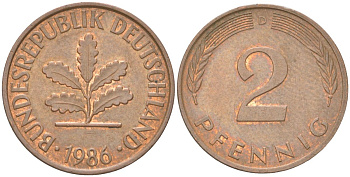 ФРГ 2 пфеннига 1986 D KM 106a сталь плакированная медью 4613-1223
