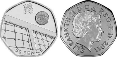 Великобритания 50 пенсов 2011 XXX летние Олимпийские игры в Лондоне в 2012 году, теннис, в оригинальном картонном буклете, с Олимпийской голограммой (24/29) KM 1194 медно-никель  UNC  3-6-6-25