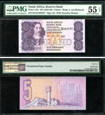 ЮАР 5 рандов ND (1981-89) Бартоломеус Вермуйден, шахты, английский-африкаанс, в слабе PMG 55 About Uncirculated Pick 119 c бумага  aUNC  452-1-59