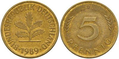 ФРГ 5 пфеннигов 1989 D J.382, KM 107 сталь плакированная латунью    4598-1059