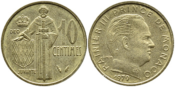 Монако 10 сантимов 1979 Ренье III (1949-2005) KM 142 алюминиевая бронза 4393-1241