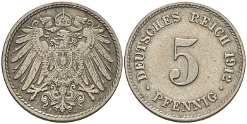 ГЕРМАНИЯ 5 ПФЕННИГОВ 1912 J KM 11, J. 12, Weege 6 медно-никель 211-558