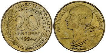 Франция 20 сантимов 1994 тип Marianne KM 930 алюминиевая бронза 4167-542