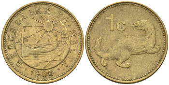 Мальта 1 цент 1986 ласка, горностай KM 78 никель латунь 4585-1119