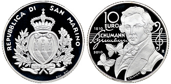 Сан-Марино 10 евро 2010 200 лет со дня рождения Роберта Шумана, коробка, сертификат KM NEW серебро PROOF 00-00