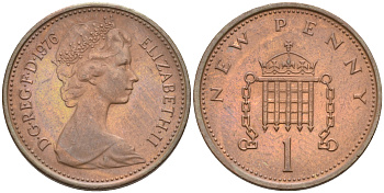 Великобритания 1 пенни 1976 Елизавета II (1952-2022) KM 915, Spink 4237 (B1) бронза 4594-114