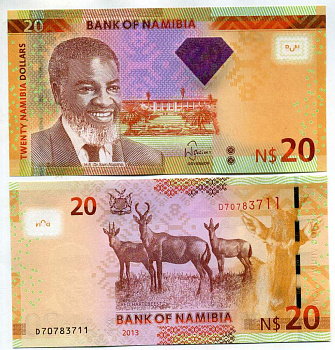 Намибия 20 долларов 2013 Сэм Нуйома, красный хартебист Pick 12 b бумага UNC (пресс) 448-89-3