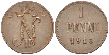 РОССИЯ ДЛЯ ФИНЛЯНДИИ 1 ПЕННИ 1916 НИКОЛАЙ II (1895-1917) KM 13, Биткин 476 медь 211-1029