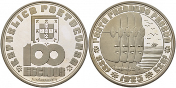 Португалия 100 эскудо 1985 50 лет со дня смерти Фернандо Пессоа, тираж 5000 экземпляров KM 628 a серебро PROOF 1077-5-23