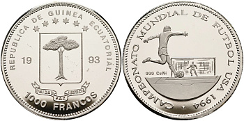 Экваториальная Гвинея 1000 франков 1993 чемпионат мира по футболу 1994 года в США KM 131 медно-никель PROOF 11-155-25