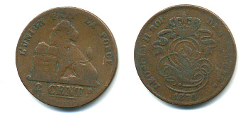 БЕЛЬГИЯ 2 САНТИМА 1870 BELGES KM 35.1 медь 86-1856