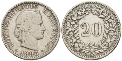 ШВЕЙЦАРИЯ 20 РАППЕНОВ 1893 В KM 29 никель 4513-237