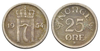 Норвегия 25 эре 1954 Хокон VII (1905-1957) KM 401 медно-никель 4701-546