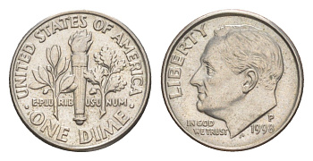 США 1 дайм (10 центов) 1998 P, президент Рузвельт KM 195a медь плакированная медно-никелем 4649-1257