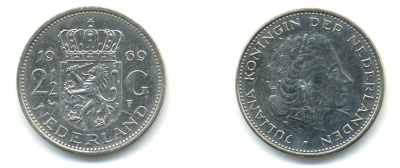 Нидерланды 2 1/2 гульдена 1969 Юлиана (1948-1980) KM 191 никель 83-635