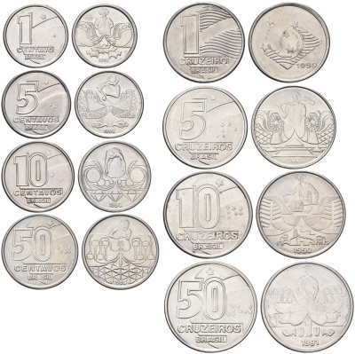 Бразилия набор из 8 монет (1, 5, 10 и 50 сентаво; 1, 5, 10 и 50 крузейро) 1989, 1990 и 1991 Профессии KM 611, 612, 613, 614, 617, 618, 619 и 620 нержавеющая сталь UNC 4666-1211-1215