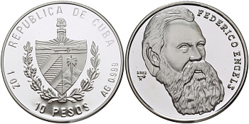 Куба 10 песо 2002 серия вожди мирового пролетариата - Фридрих Энгельс KM 787 серебро PROOF 00-000-00