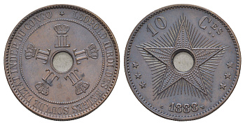 Бельгийское Конго 10 сантимов 1888 Свободное государство Конго, Леопольд II (1865-1909) KM 4 медь 4127-441