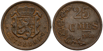 Люксембург 25 сантимов 1946 Шарлотта (1918-1964) KM 45 бронза 4115-1052