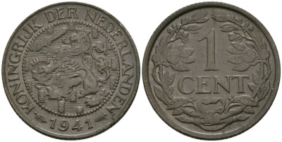 Нидерланды 1 цент 1941 Вильгельмина (1890-1948) KM 152 бронза 4576-1146