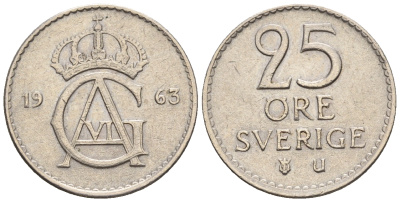 Швеция 25 эре 1963 U, Густав VI Адольф (1950-1973) KM 836 медно-никель 4609-1013