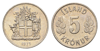 Исландия 5 крон 1975 KM 18 медно-никель UNC 4687-868