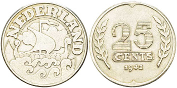 НИДЕРЛАНДЫ 25 ЦЕНТОВ 1943 РЕСТРАЙК, ДИАМЕТР 25 ММ. белый металл UNC 212-1015