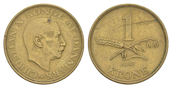 Дания 1 крона 1945 N, Кристиан X (1912-1947) KM 835 алюминиевая бронза 4654-737