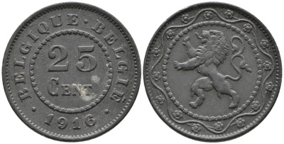 БЕЛЬГИЯ 25 САНТИМОВ 1916 BELGIQUE-BELGIE, ГЕРМАНСКАЯ ОККУПАЦИЯ, ПЕРВАЯ МИРОВАЯ ВОЙНА KM 82 цинк 34-1127