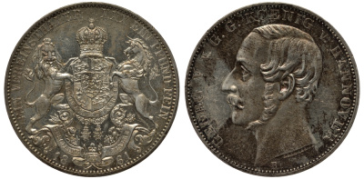 Брауншвейг-Каленберг-Ганновер 1 талер 1861 В, Георг V (1851-1866) KM 230, AKS 144, Dav. 682, Kahnt 239, Thun 174 серебро 00-817-10