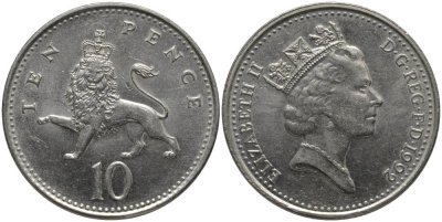 Великобритания 10 пенсов 1992 Елизавета II (1952-2022) KM 938b, Spink 4367 (F4) медно-никель 181-623