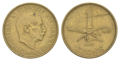 Дания 1 крона 1945 N, Кристиан X (1912-1947) KM 835 алюминиевая бронза 4654-737