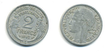 Франция 2 франка 1947 В KM 886а.2 алюминий 80-636