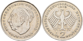 ФРГ 2 марки 1970 F, Теодор Хойс KM A127, J. 407 медно-никель плакированный никелем 4583-922