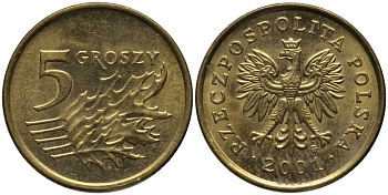 Польша 5 грошей 2001 MW KM 278 латунь 201-428