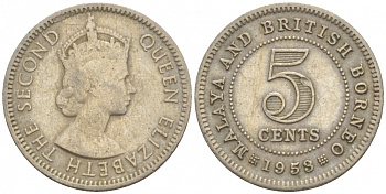 Малайя и Британское Борнео 5 центов 1953 Елизавета II (1952-2022) KM 1 медно-никель 4547-265