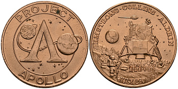 США МЕДАЛЬ ND ПЕРВАЯ ВЫСАДКА НА ЛУНУ, АПОЛЛОН 11, 39 мм, 25,35 гр медь UNC 179-1121
