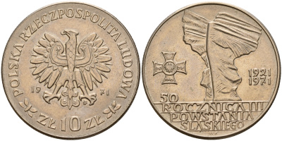 Польша 10 злотых 1971 MW, 50 лет битве за Верхнюю Силезию KM 64 медно-никель  UNC  4161-1123