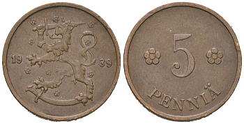 Финляндия 5 пенни 1939 KM 22 медь 4115-357