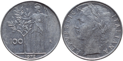 ИТАЛИЯ 100 ЛИР 1972 R, АФИНА KM 96.1 нержавеющая сталь 4394-612