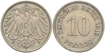 ГЕРМАНИЯ 10 ПФЕННИГОВ 1913 F KM 12, J. 13 медно-никель 33-644